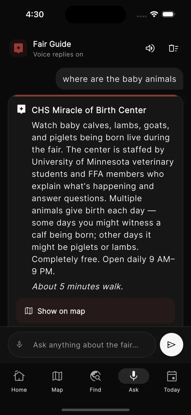 Fair Companion answering “where are the baby animals” with the CHS Miracle of Birth Center, its walking time, and a Show on map button