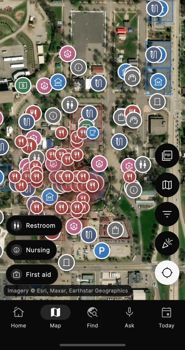 Satellite map of the fairgrounds covered in colored pins for food, restrooms and attractions