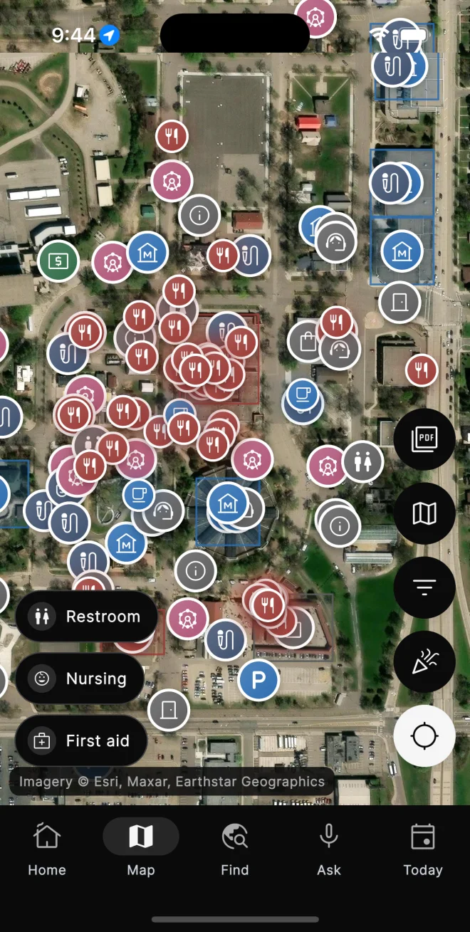 The Fair Companion map — the fairgrounds under colored pins for every food stand, barn and restroom
