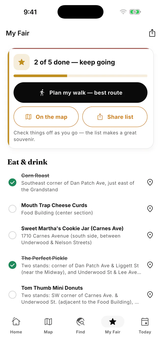 The My Fair screen — a saved list two of five ticked off, a Plan my walk button, and saved food stands with their corners and buildings