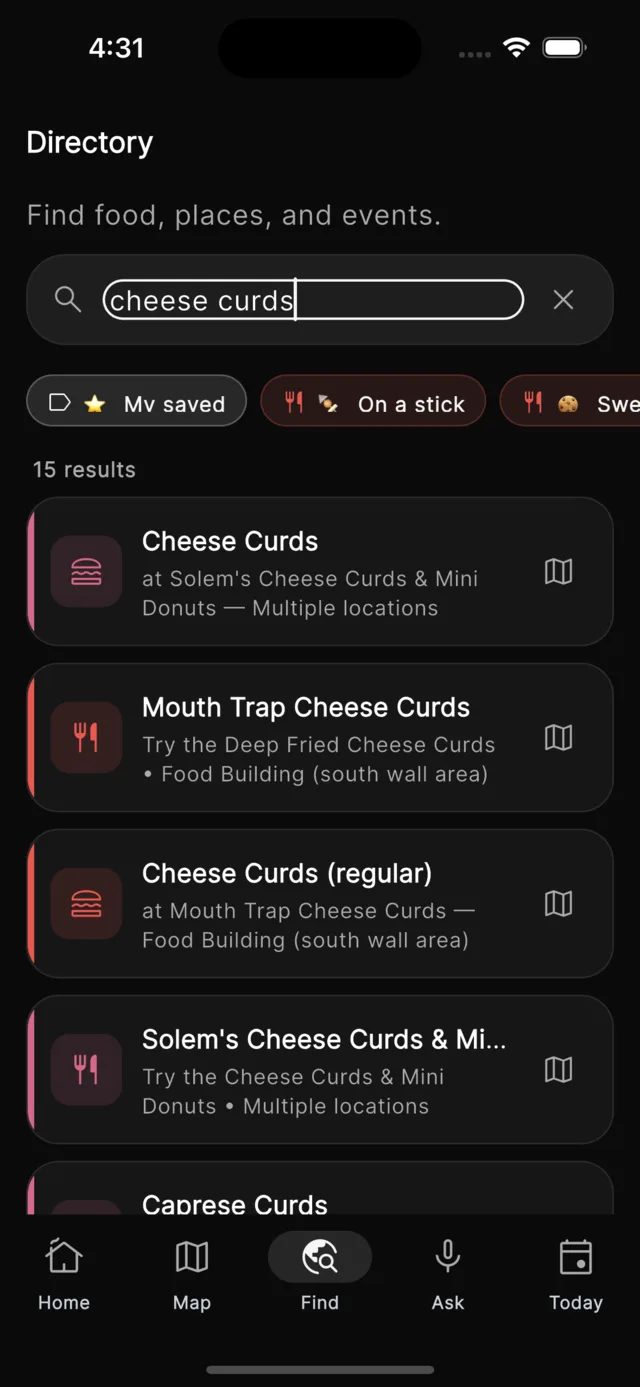 Search results for “cheese curds” showing fifteen booths with their buildings and locations