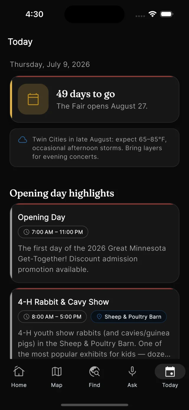 Today screen with a countdown to opening day, weather advice and the day’s highlights
