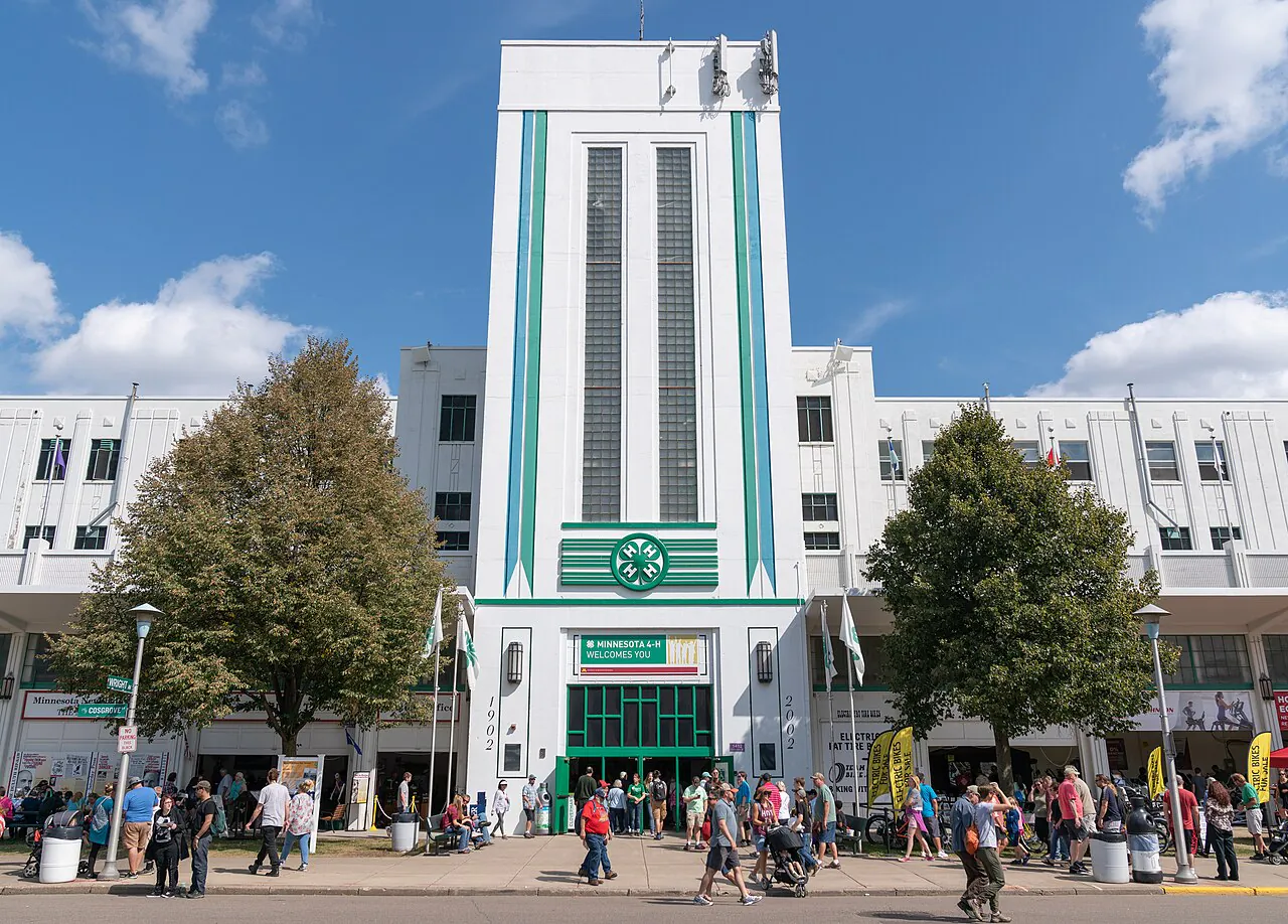 The Art Deco 4-H Building at the Minnesota State Fair, its tower carrying the green four-leaf clover