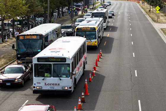 Park & Ride buses lined up on the street outside the fairgrounds